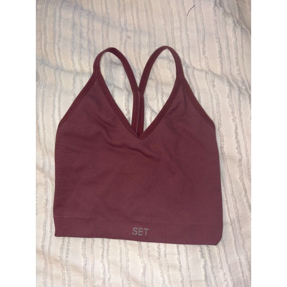 Set Active XS Sculptflex Ribbed V Bra Tank Exercise Top Burgundy